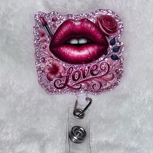 Pink Glitter Lip Badge Reel